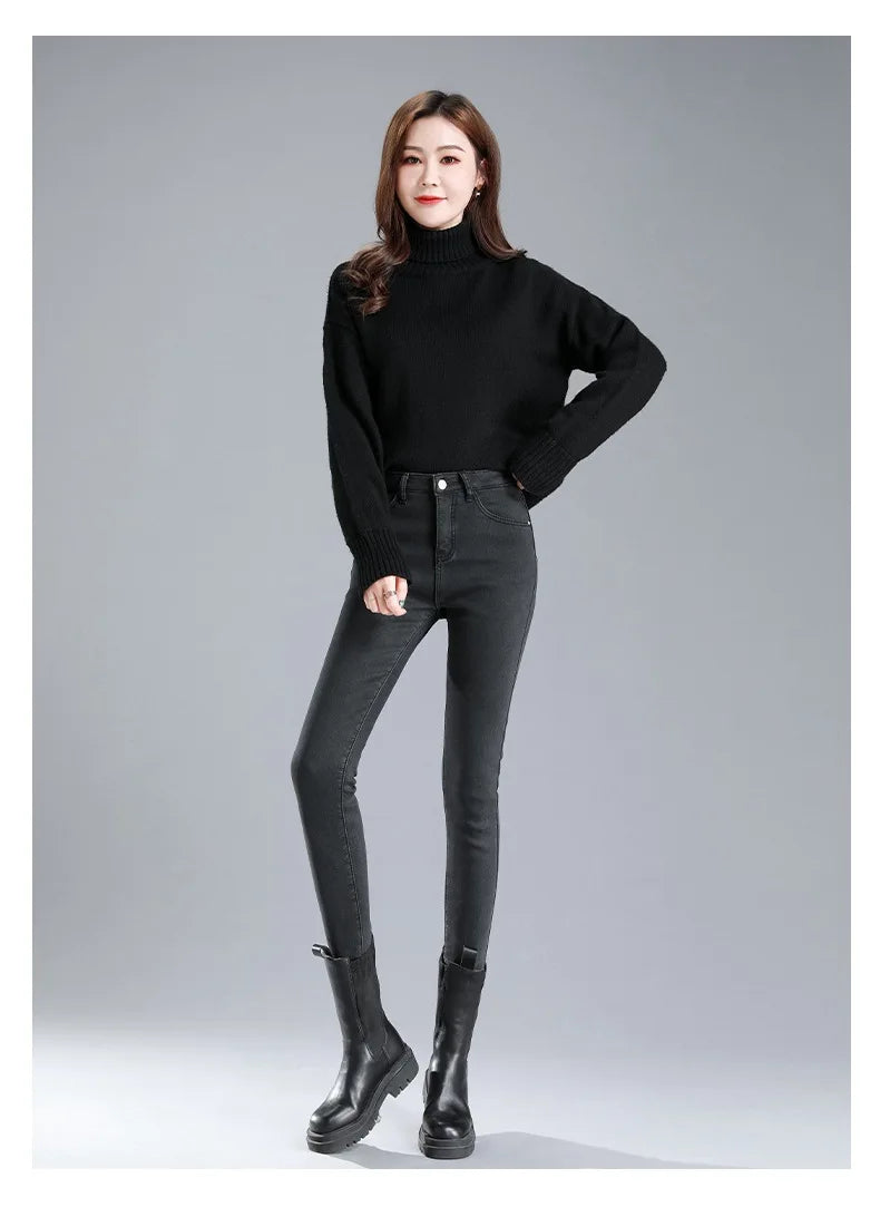 Thickened High-Waisted Fleece-Lined Jeans Women's Slimming Tightening Pants Winter New Elastic Pants Slimming Thickened