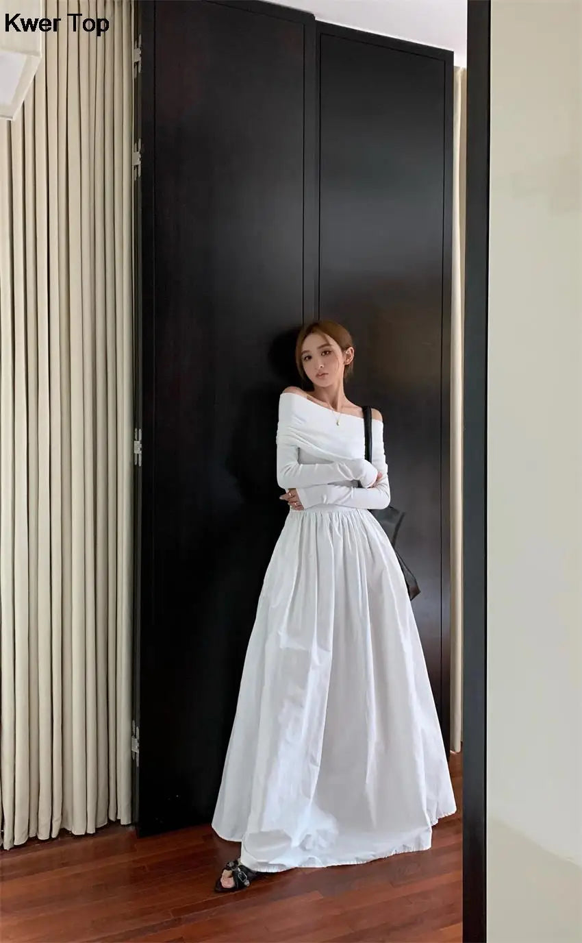 Y2k Fashion Evening Party Maxi White Dress Women Korean Off Shoulder Long Sleeve Birthday Robe Autumn Streetwear Corset Clothes - Seprincess