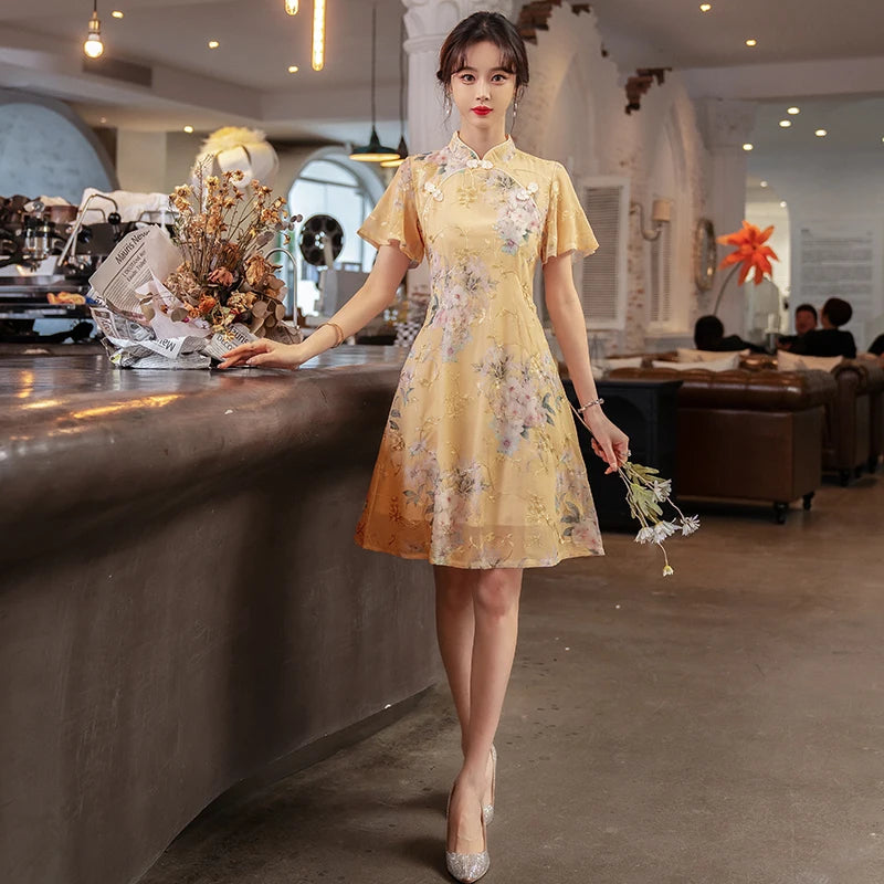 Summer Improved Young Style National Style Embroidered Floral Short Sleeve Women's Qipao Dress Chinese Traditional Cheongsam - Seprincess