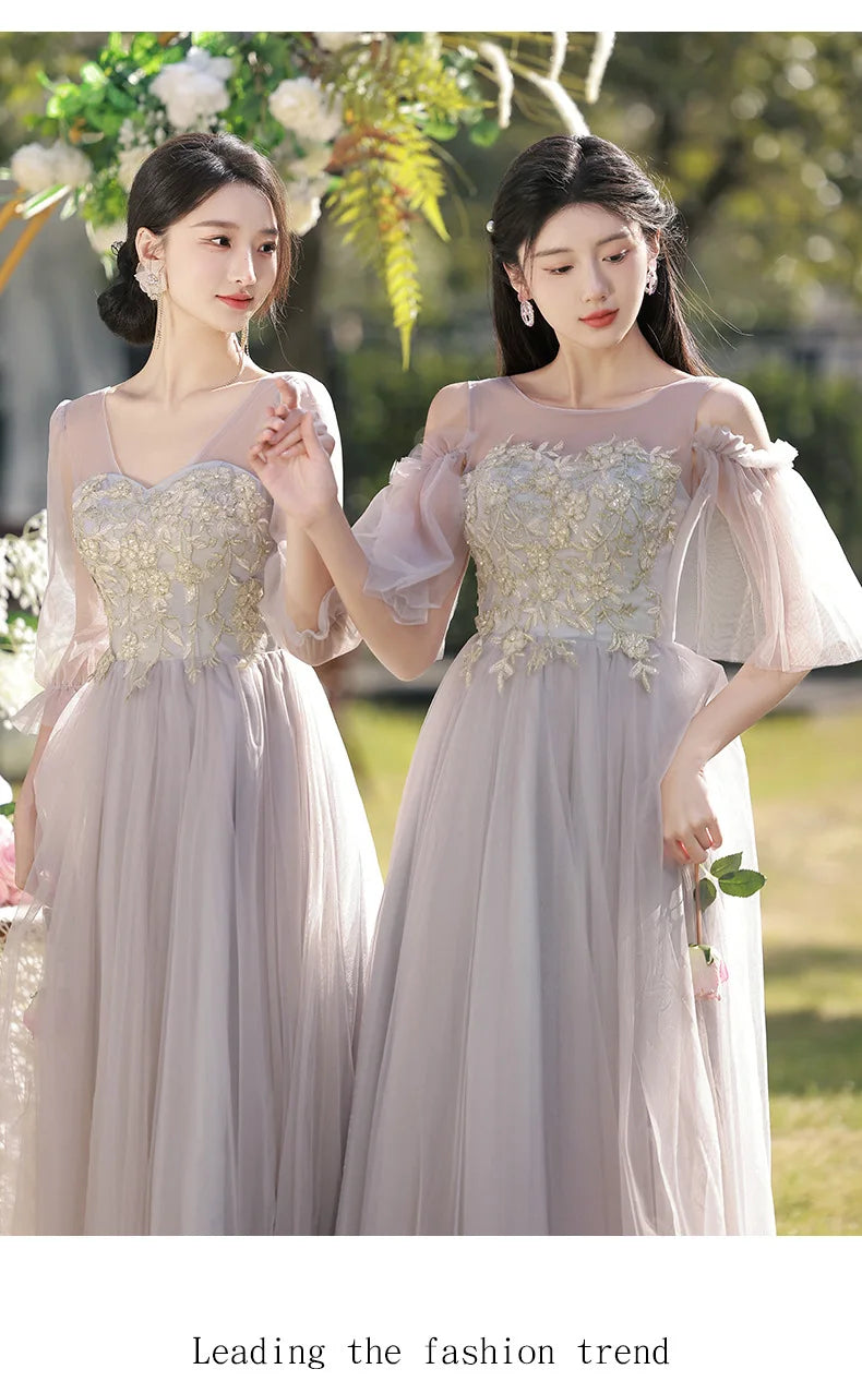 Temperament Grey Bridesmaid Dress Long Wedding Sisters Group Gown Elegant Applique Tulle Off Shoulder Banquet Party Vestido