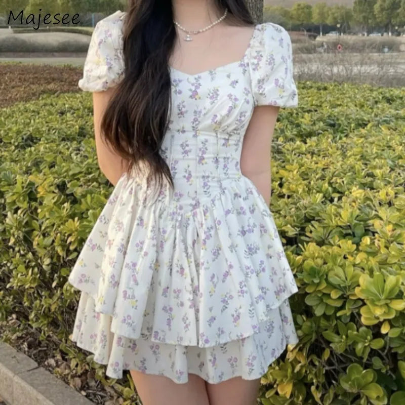 Preppy Style Dresses for Women Lovely Girls Fashion Floral Design Mini Sweet Chic Korean Young Summer Clothing All-match Casual - Seprincess