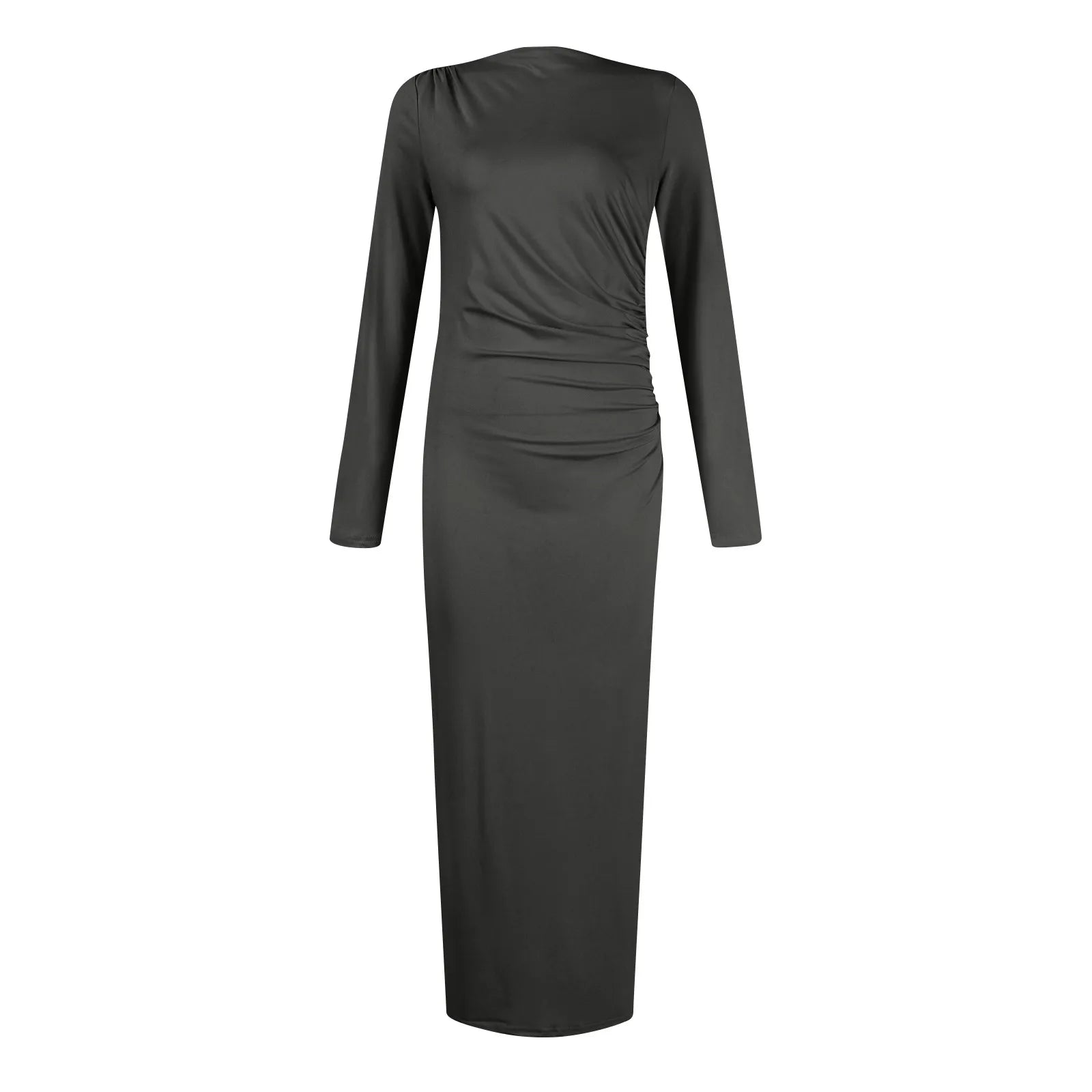 Women Bodycon Maxi Dresses Fall New Long Sleeve Sexy Ruched Neck Slim Fit Cocktail Party Dress Elegant Gentle Temperament Dress - Seprincess