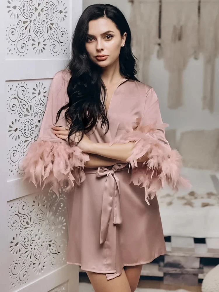 White Feather Robe With Fur Full Sleeves Sleepwear Satin Robes For Women Nightgown Bride Robe Gown Dress Bathrobe Female - Seprincess