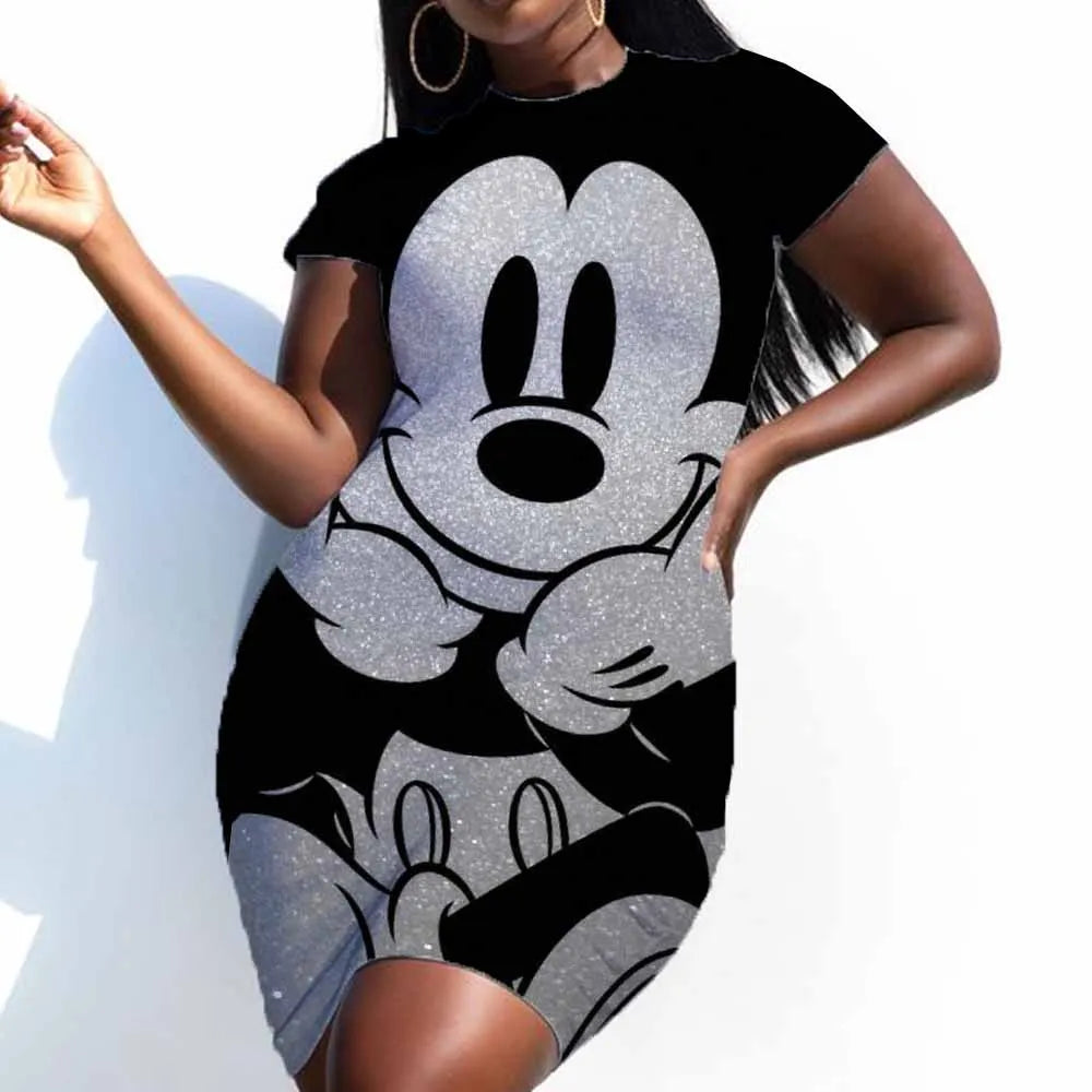 Disney Minnie Mouse Bow Print Elegant Large Pencil Dress Women's Minimalist Coat Office Dress Summer Short Sleeve 5XL - Seprincess