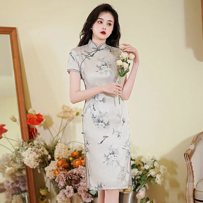 Chinese Style Dresses Women Green Print Cheongsams Elegant Chinese Traditional Dress Satin Vestido Chino Oversize 3Xl4Xl Qipao - Seprincess