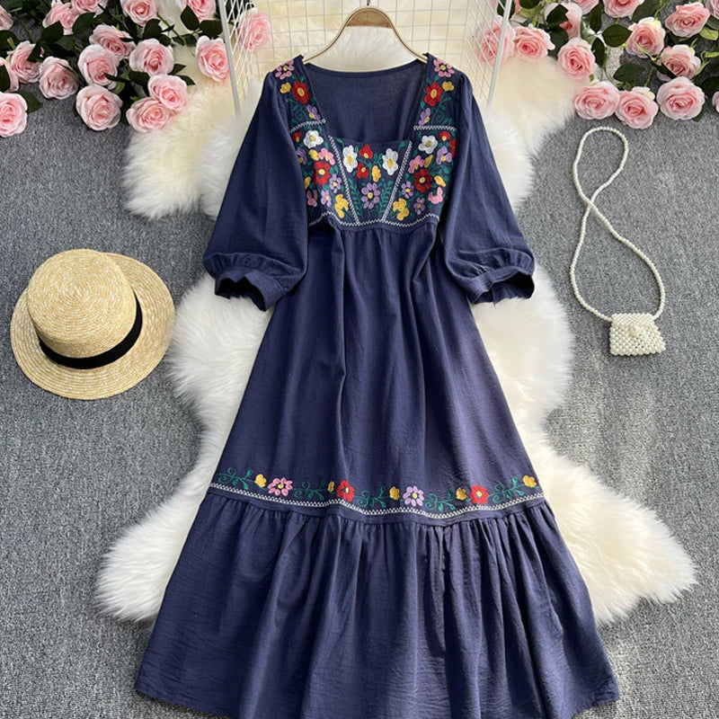 Spring/Summer Women's Travel Vacation Vintage Long Dress Bohemian Ethnic Style Embroidered Waist Tie up Cotton and Linen Dress ? - Seprincess