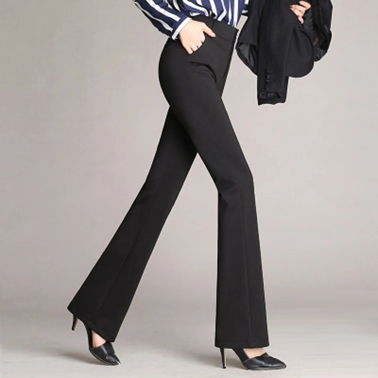 Autumn and Winter Women Pockets High Waist Solid Straight-leg Pants Long Trousers Flared Pants