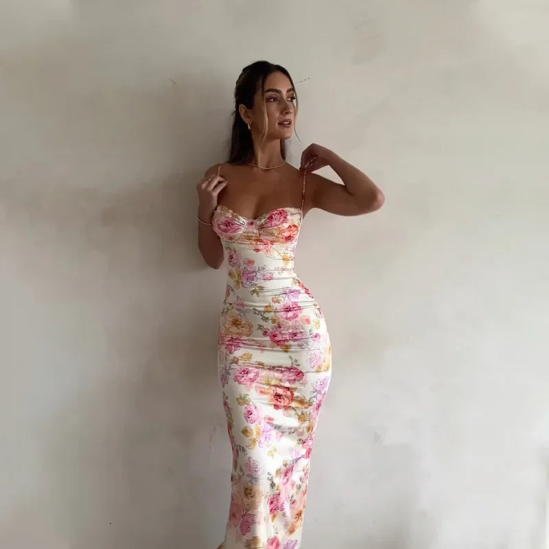 2024 Summer Party Beach Style Backless Sleeveless Spaghetti Strap New Floral Printing V-neck Slim Long Dress for Women - Seprincess