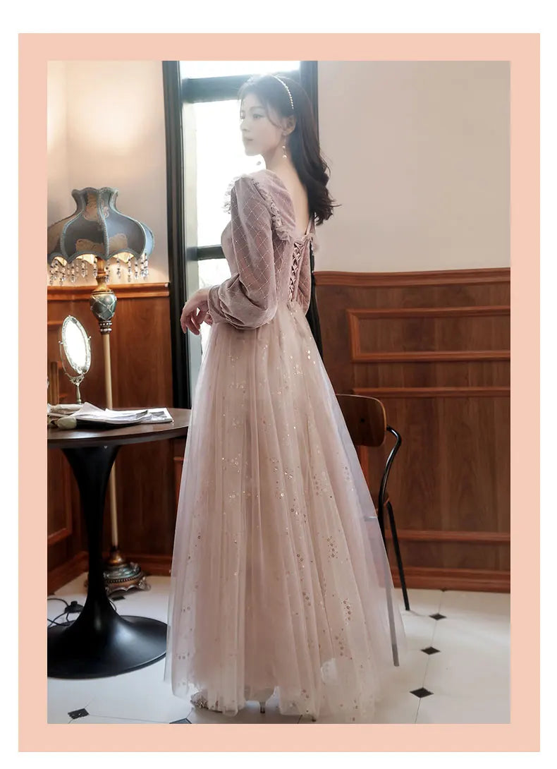 2022 New 4 Styles Bridesmaid Dress Bow Retro Elegant Long-sleeved Chic Temperament Long Evening Dress For Wedding Women Guest - Seprincess