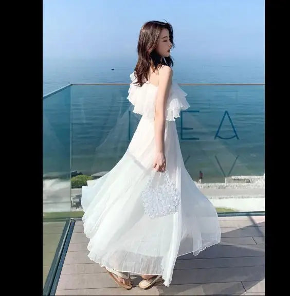 Women's Summer Beach Style Chiffon White Long Dress Lady Graceful Fairy Layers Ruffles Off-Shoulder Dresses Evening Party Gown - Seprincess