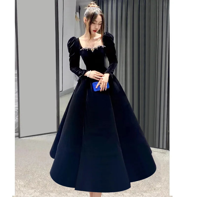 Chinese Bridal Wedding Qipao Sexy Square Neck Dress Pleated Cheongsam Formal Party Dresses Gown Long Sleeve Fairy Vestidos - Seprincess