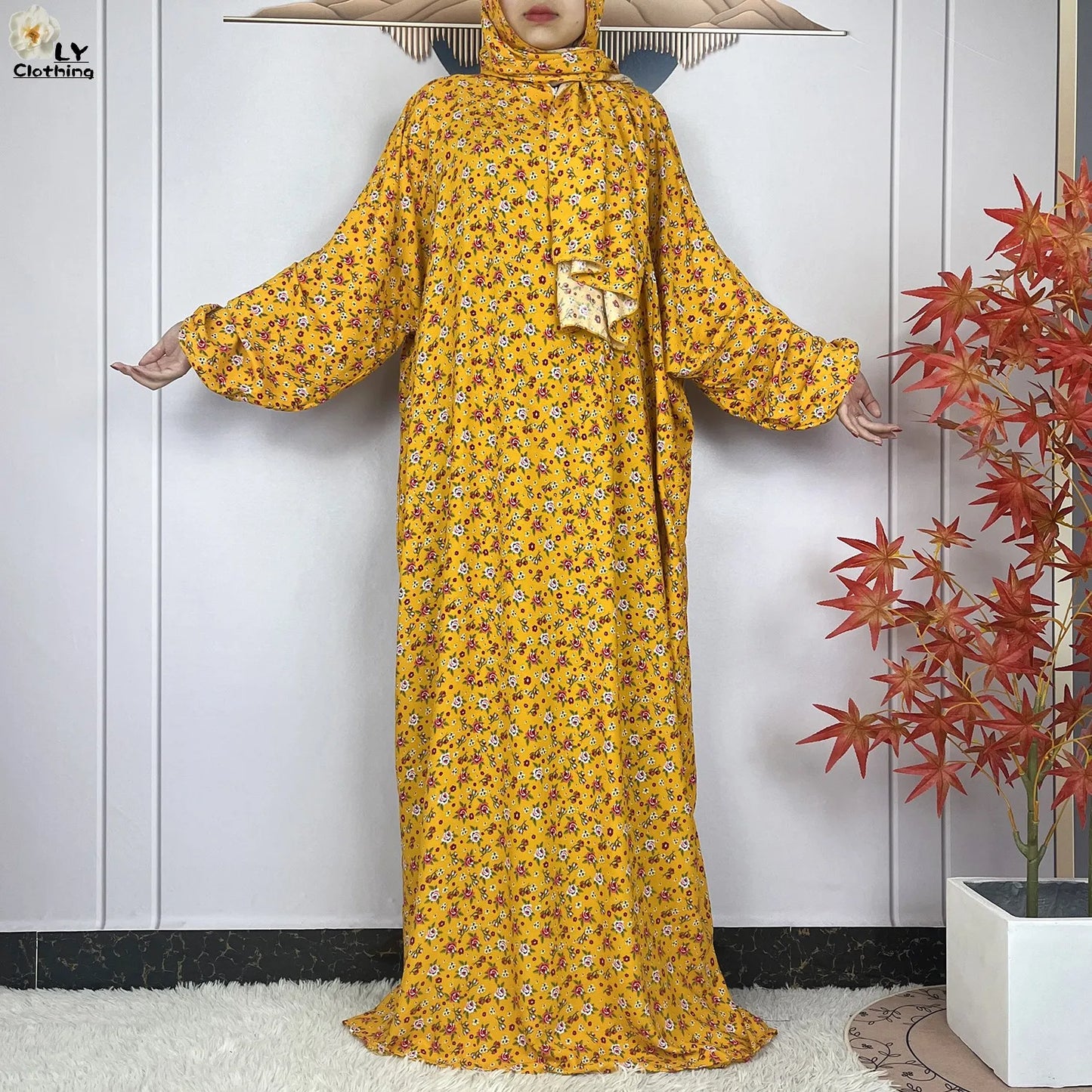 2024Latest Muslim Abayas For Women Ramadan Prayer Maxi Dubai Turkey Femme Cotton Robe Floral Loose African Dress Turban Attached