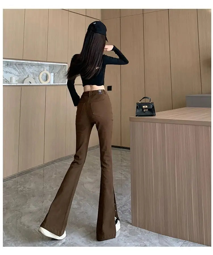 Micro-boot jeans brown buttoned design women's autumn and winter new high-waisted slim straight-leg floor mopping pants