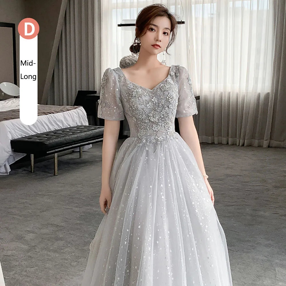 Bridesmaid Dress Women Lantern Sleeve Sequin Tulle Party Dresses Fairy Stage Performance Elegant Ladies Banquet Evening Gown - Seprincess