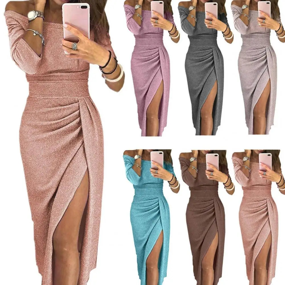 2024 Shiny Vintage Translucent Women Dress Pleated Bodycon Dress Sexy High Waist Lady Split Evening Dresses Elegant Party Dress - Seprincess