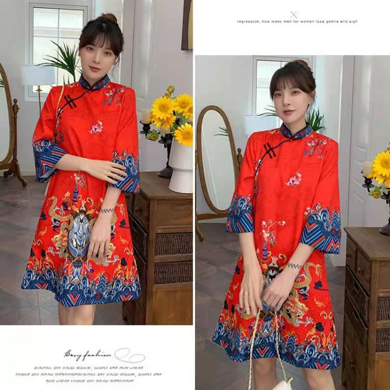 Red Blue Loose 2024 New Fashion Modern Chinese Cheongsam A-line Dress Women 3/4 Sleeve Qipao Traditional Chinese Clothes - Seprincess