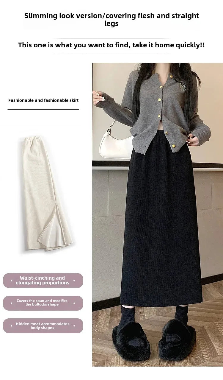 Thickened Fleece-Lined Corduroy Skirt Women's Autumn/Winter 2024 New Medium-Length A- Line Skirt With Side Slit High-Waisted