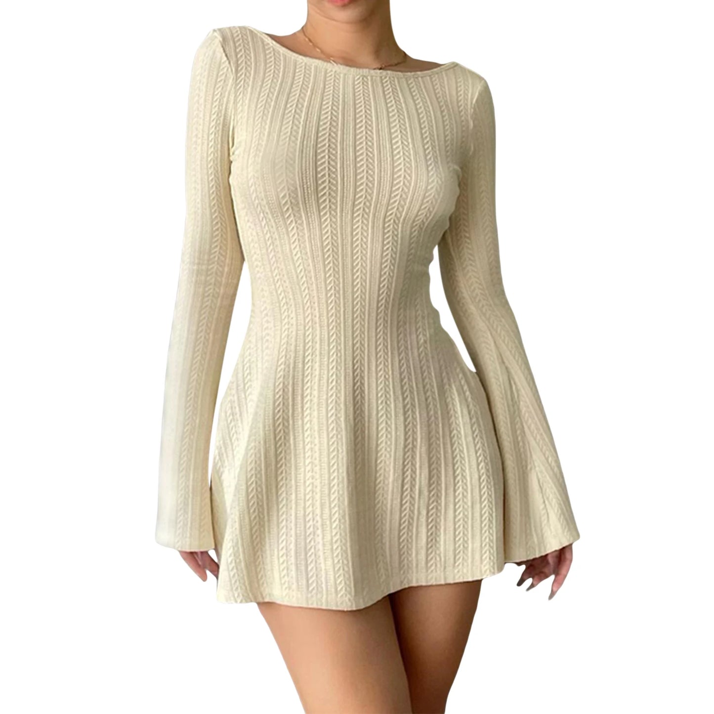 Women Casual A-line Mini Dress Autumn Elegant Long Sleeve Crew Neck Backless Solid Color Short Dresses for Office Lady Dailywear - Seprincess