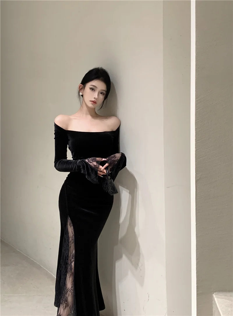 Women's Sexy Black Velvet Dress Elegant Chic Off Shoulder Lace Split Evening Party Dresses Autumn Female Bodycon Vestidos Mujer - Seprincess