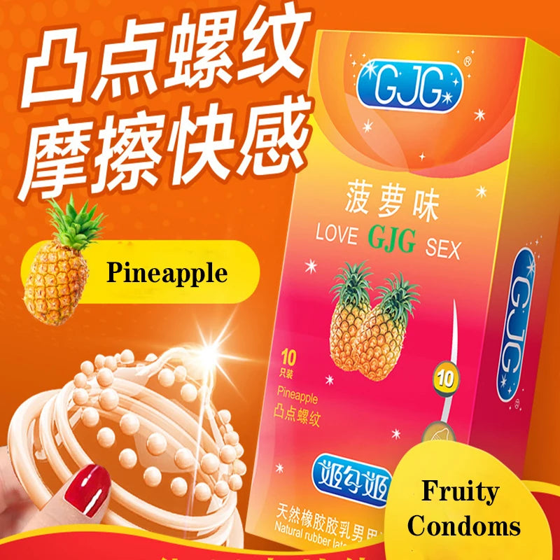 10pcs With Ribbed Spikes Men's Condoms Deep Stimulation Ultra Thin Condoms For Men Pineapple Flavor Sleeve For Penis Sex Toys - Seprincess