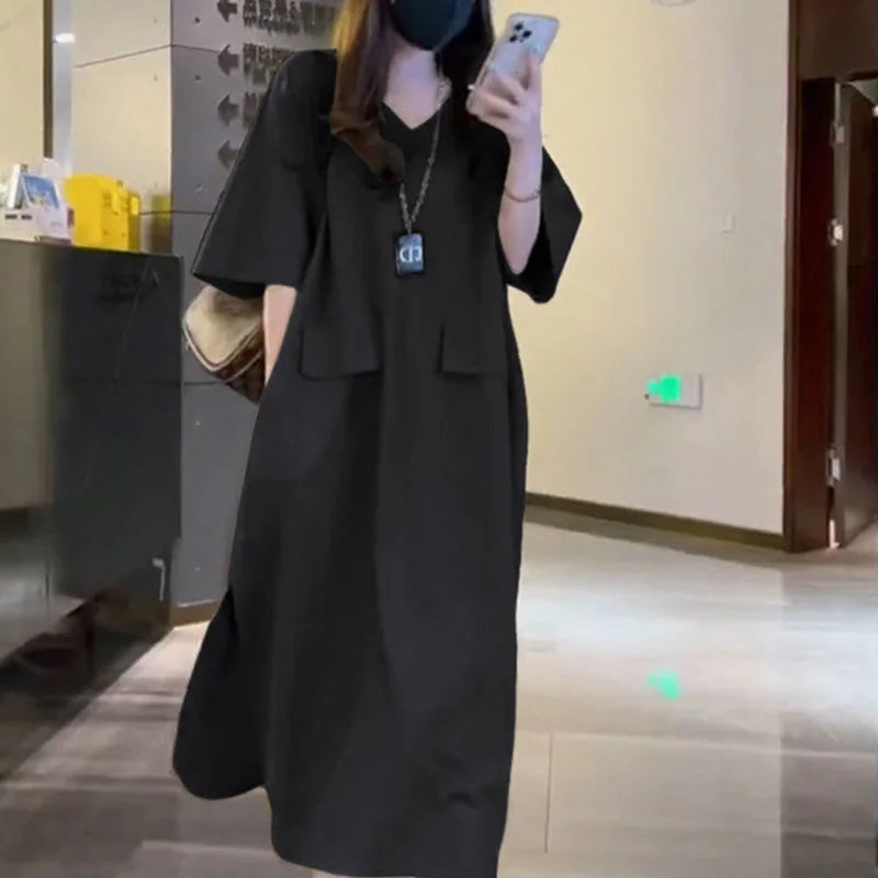 Fashion V-Neck Solid Color Spliced Pockets Loose Korean Long Dress Women's Clothing 2023 Summer New Oversized Casual Dresses - Seprincess