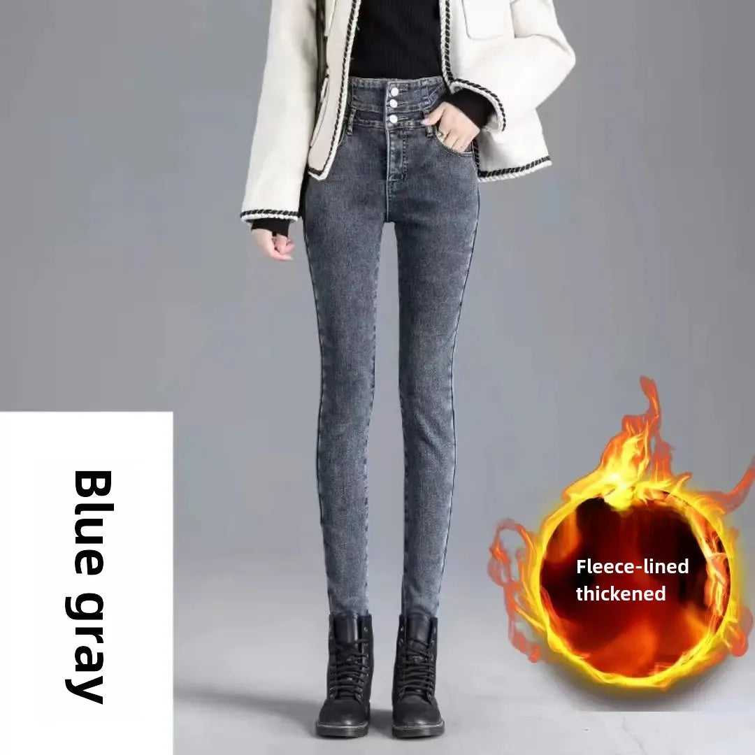 Slimming High-waisted Jeans Women's Fleece-lined Petite Winter Fashion Slims Your Body Smooths Silhouette Tight Fit Denim Pants