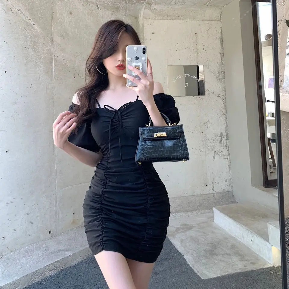 Summer 2022 New Korean Style Bubble Sleeve Pleated Drawstring Slim Dress Elegant Women's Club Party Dress Sexy Robe - Seprincess