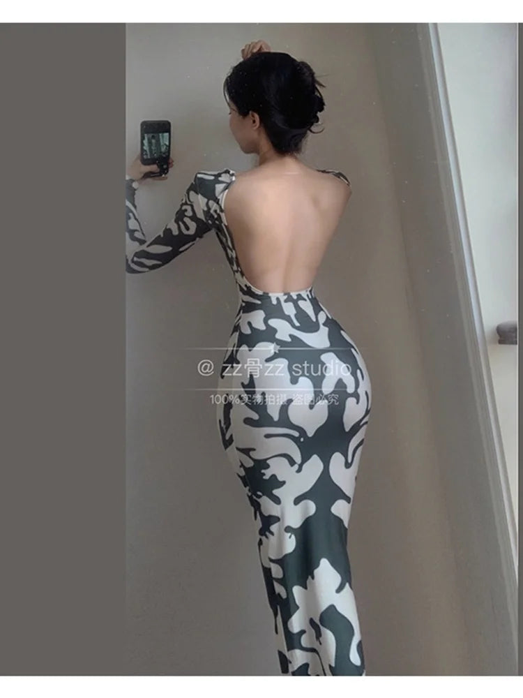 Winter New WOMENGAGA Sexy Backless Fashion Printing Elegant Skinny Slim Hip Maxi Dress Long Robe Hot Sexy Korean Women Top UC86 - Seprincess