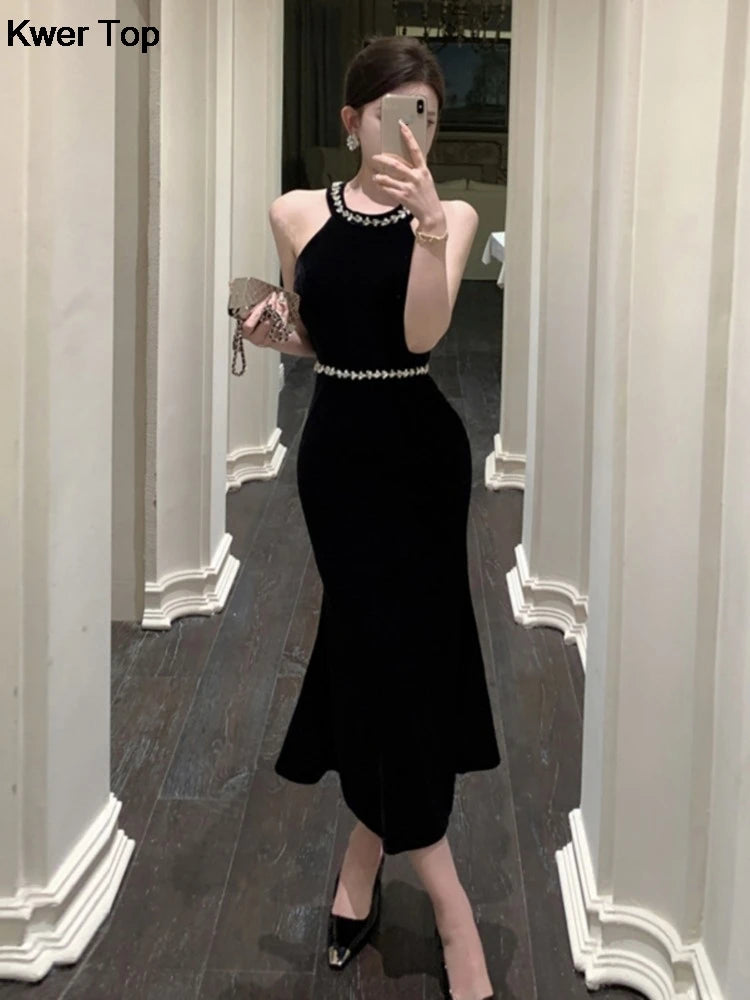 Woman Sexy Backless Bow Black Mermaid Dresses French Vintage Temperament Party Dress Ladies Chic Luxury Velvet Robe - Seprincess