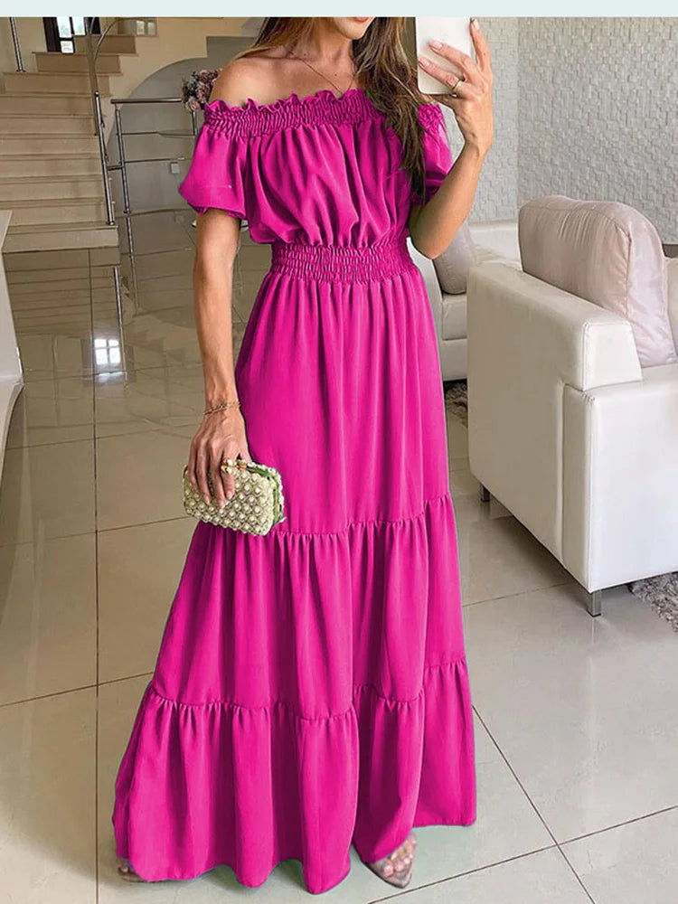 2024 Summer Solid Boho Dress Women Fashion Elegant Beach Party Dress Casual Slash Neck Office Maxi Dresses For Woman Robe Femme - Seprincess