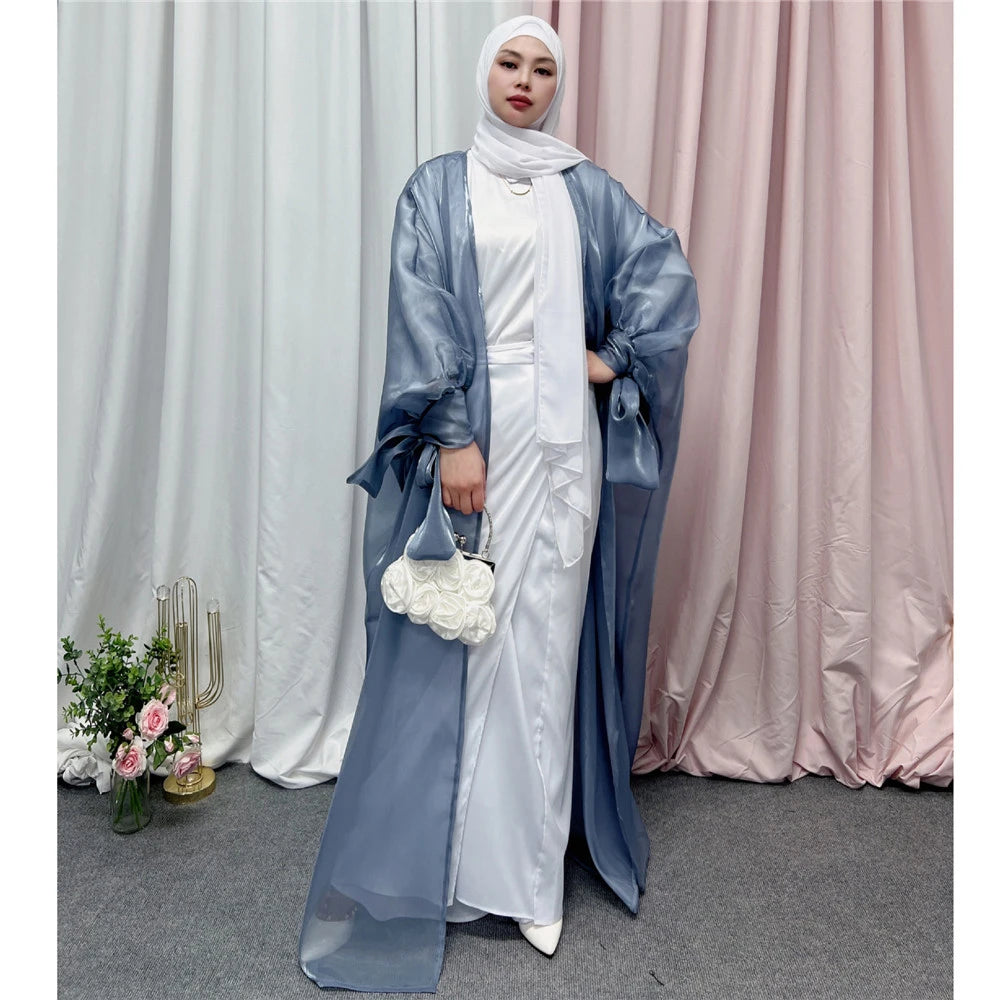 Shiny Satin Open Abaya Dubai Kaftan Women Muslim Kimono Cardigan Islamic Puff Sleeve Caftan Maxi Dress Robe Gown Turkey Jalabiya - Seprincess