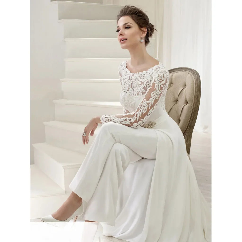 Women Elegant Long Sleeves Lace Bride Bridesmaids Wedding Party Playsuits Overalls Long Jumpsuit - Seprincess