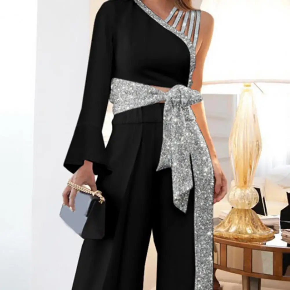 Glitter Trim Elegant Women Outfit One Shoulder Bandage Bowknot Blouse High Waist Wide Leg Pants Set Elegant Office Lady Outfit - Seprincess