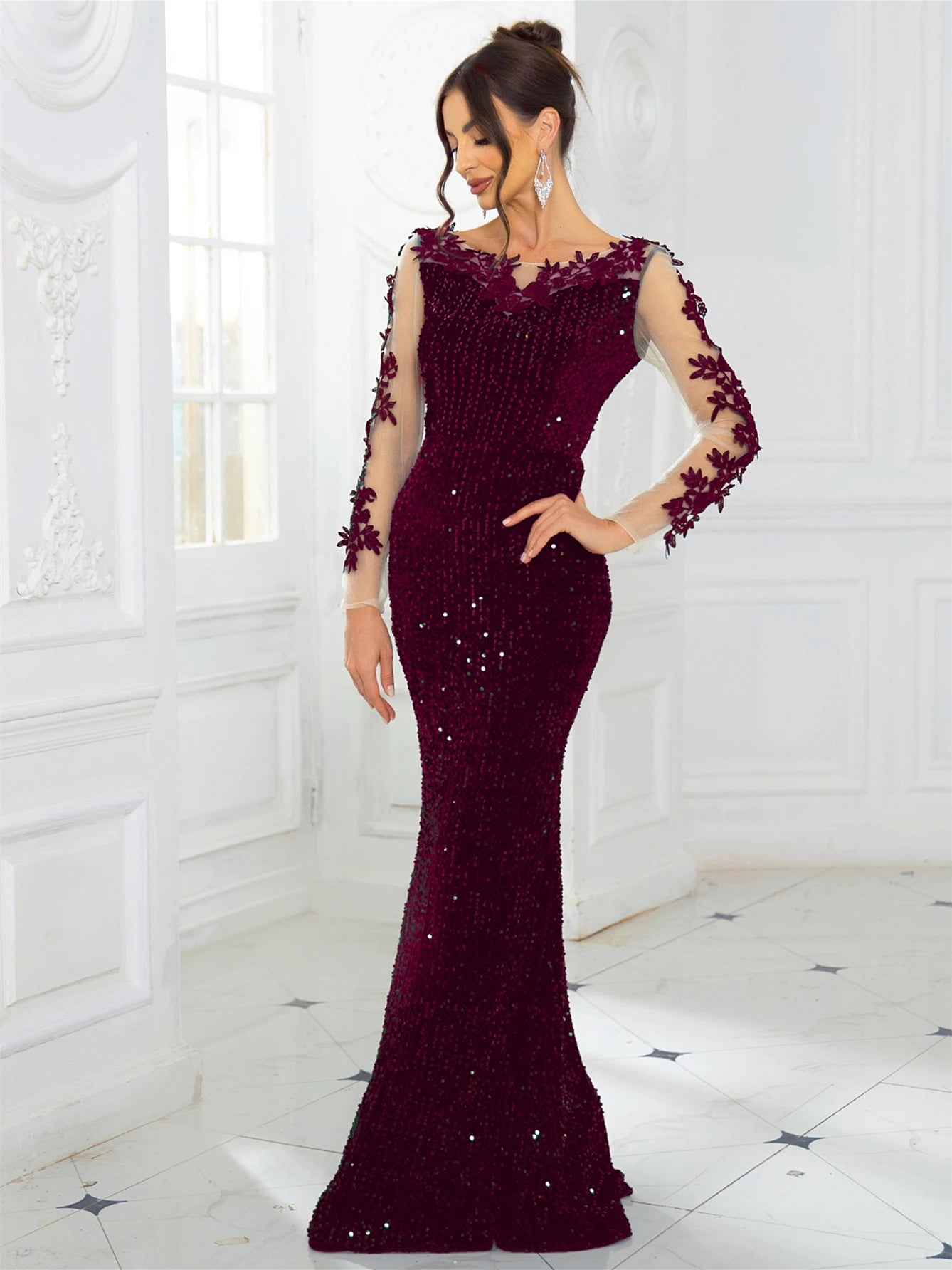 Women's Evening Maxi Dress Prom Gown Hollow Out Long Sleeve Lace Patchwork Sequined Velvet - Seprincess