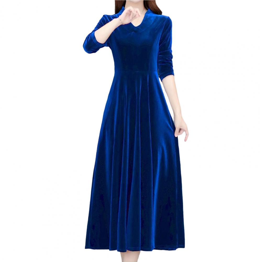 Velvet Vintage Women Maxi Dress OL Style Oversize Round Neck Long Sleeves Evening Dress 	Slim Fit Pleated Bodycon Prom Dress