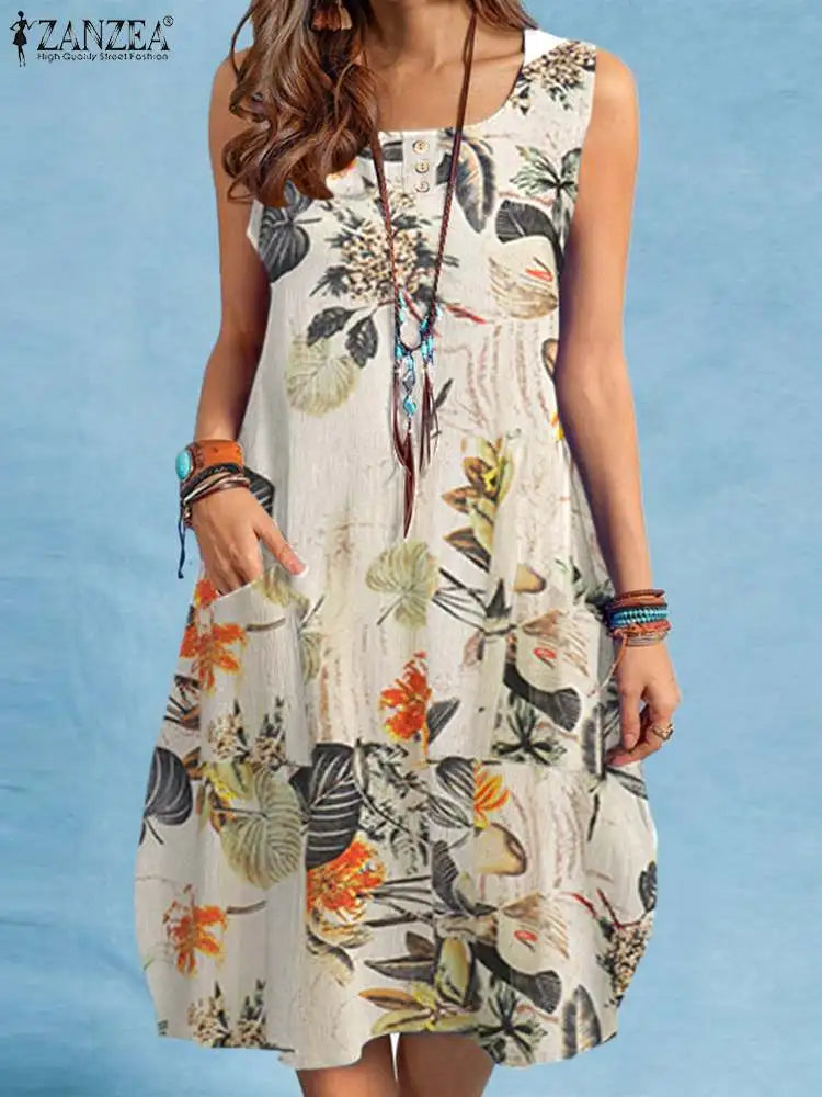 ZANZEA Bohemian Beach Dress Summer Vintage Floral Printed Sundress Women Sleeveless Knee-length Robe Holiday Vestidos Sarafans - Seprincess