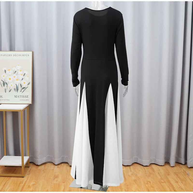 Elegant Black White Patchwork Maxi Dresses Women Fashion O-neck Long Sleeves Slim Dress New Female Evening Party Robes - Seprincess