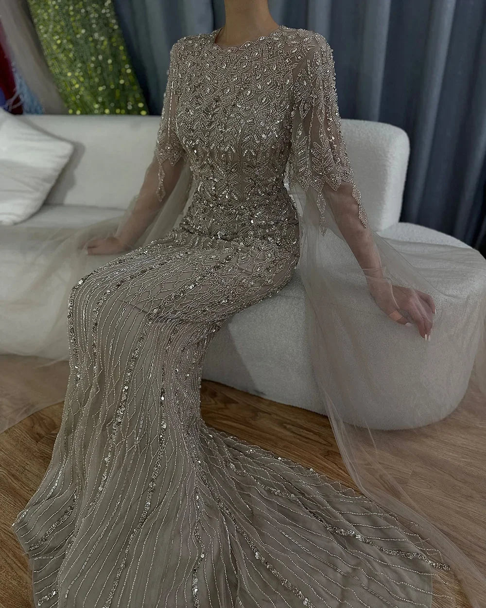 Wasisi 2024 Saudi Arabia Caramel Mermaid Elegant Cape Sleeve Luxury Beaded Evening Gown for Formal Occasion ELA72775 - Seprincess