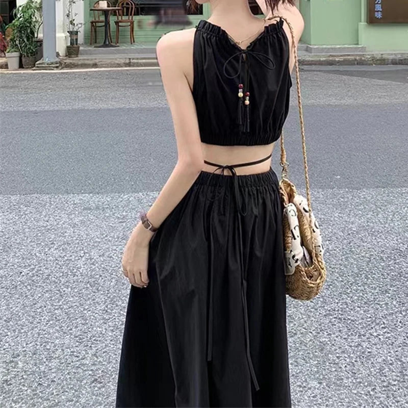 Fashion and Casual Summer Halter Hollow Sleeveless Tassel Solid Color Simple and Generous Hem Holiday Beach Women's Long Dress - Seprincess