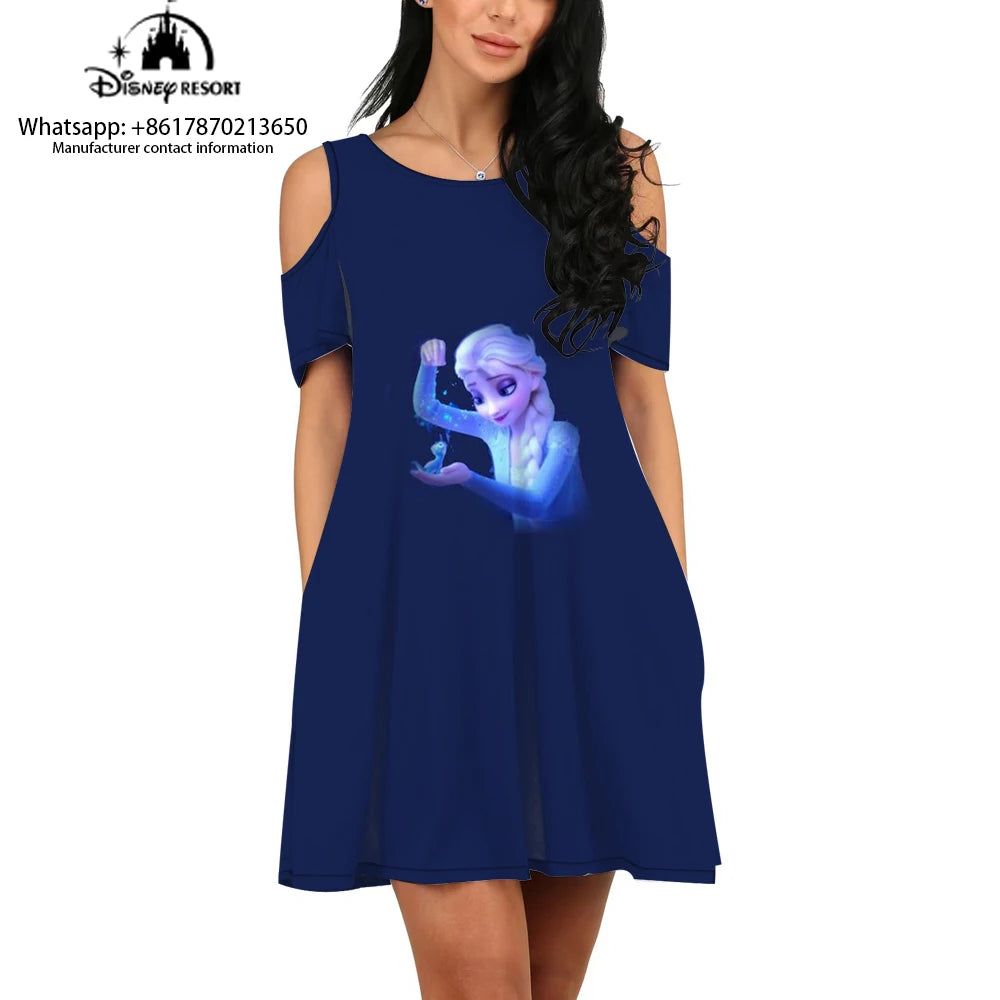 Round neck printed dress Frozen cartoon printed new casual off-shoulder dress female cartoon printed dress - Seprincess