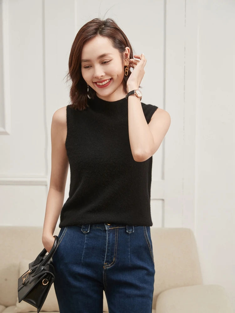 ADDONEE 100% Cashmere Women Summer Vest Mock Neck Thin Casual Sleeveless Pullover Office Lady Baisc Grace Cashmere Sweater Tops