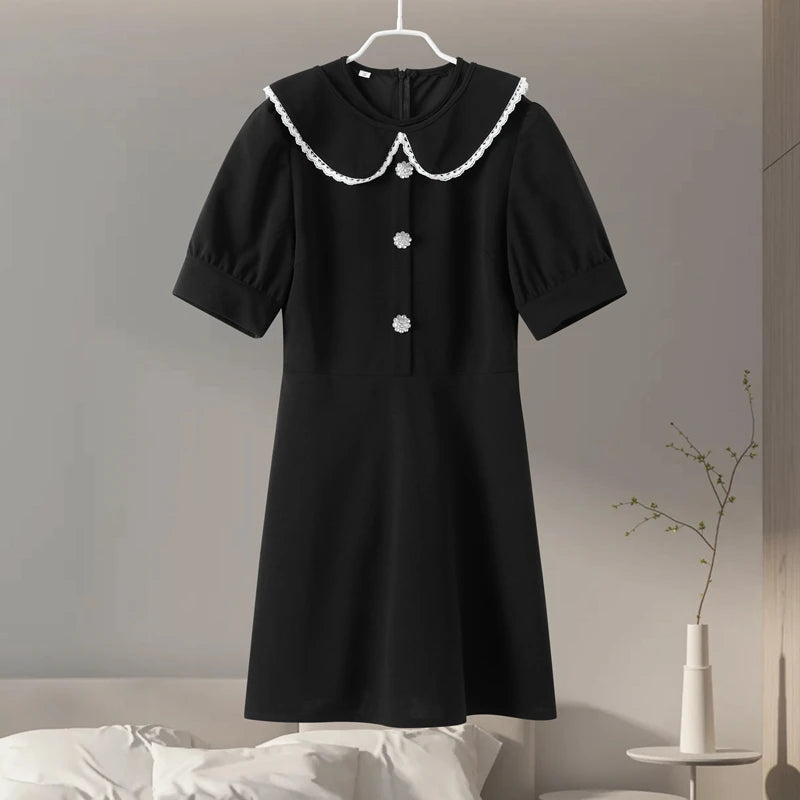 Elegant Doll Collar Women's Dress 2024 Spring Summer Fashion Slim Short Sleeve Button Female Dresses Lady High Street Vestidos - Seprincess