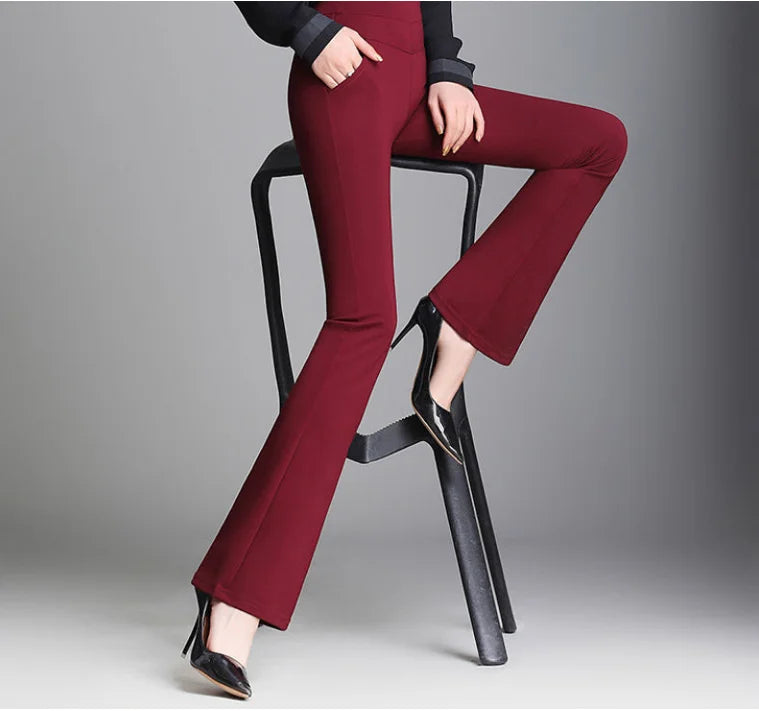 Leisure Comfortable Slim Flare Pants High Strecth Elastic Waist Pocket Decoration Ankle-length Pants Burgundy and Black Colour