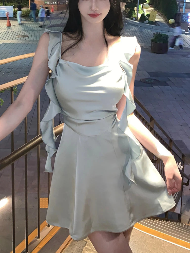 Elegant Sleeveless Satin Mini Dress Women 2023 Summer Korean Short Design Spaghetti Strap Vintage Fairy Sweet Female Clothing - Seprincess