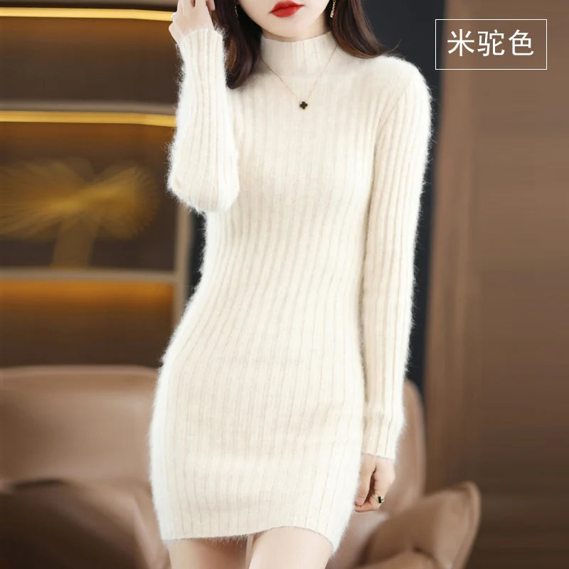 Women's High Collar Winter Warm Long Sleeve Solid Mink Cashmere Korean Version Loose Luxury Soft Cashmere Knitted Fit Dress - Seprincess