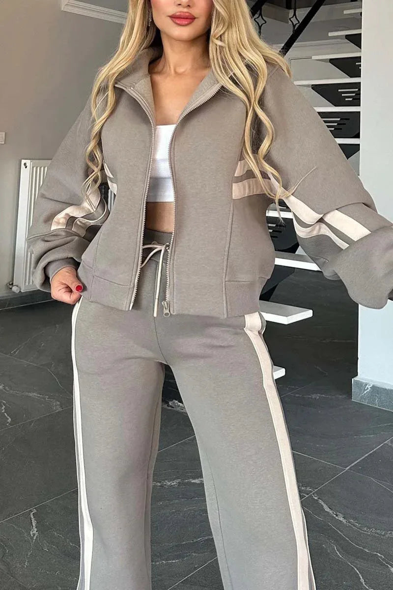 Y2K Striped Zipper Coat+sweatpants Two Piece Set Women Casual Batwing Sleeve Sports Jacket Outfits Autumn Winter Sweatshirt Suit - Seprincess