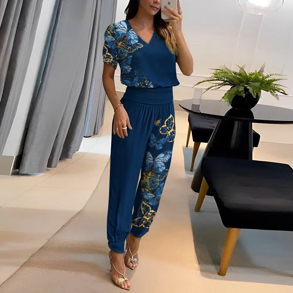 Women's Set 2024 New Fashion And Casual V-neck Printed Short Sleeved Shirt Pants Set Two Piece Set Ladies Outfits Femme Conjunto - Seprincess