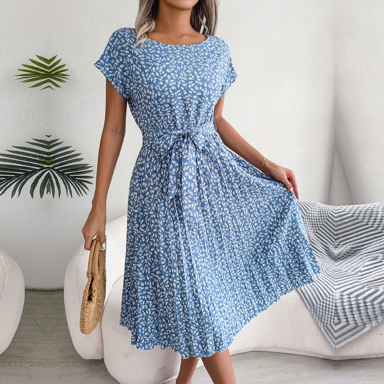 Women Spring Summer Short Sleeve High Waist Chic Dress Fashion Floral Pleated A Line Long Dress - Seprincess