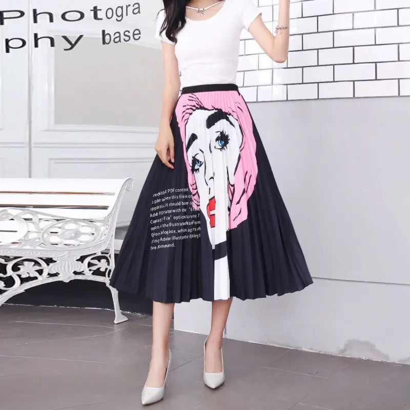 Pleated Skirt Women Summer 2022 New  Print Cartoon Pattern  Elastic Women Skirt Big Swing Party Holiday High Waist Skirts