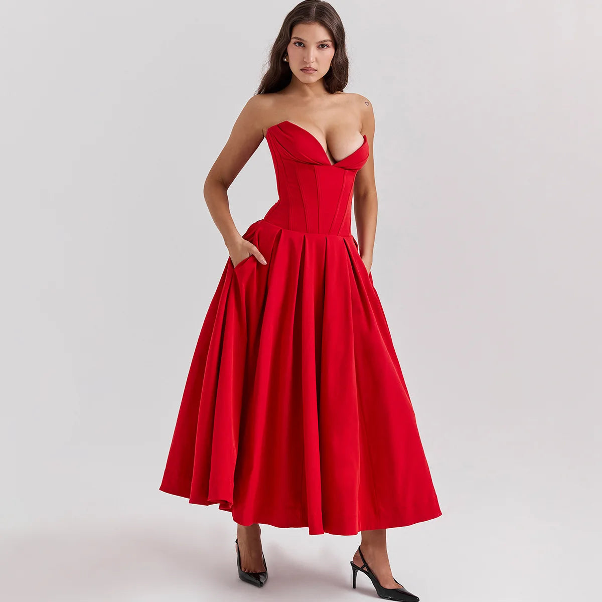 Suninheart Summer Formal Occasion Strapless Dress Sexy Elegant Fit and Flare Birthday Party Dresses Red Women's Clothing - Seprincess